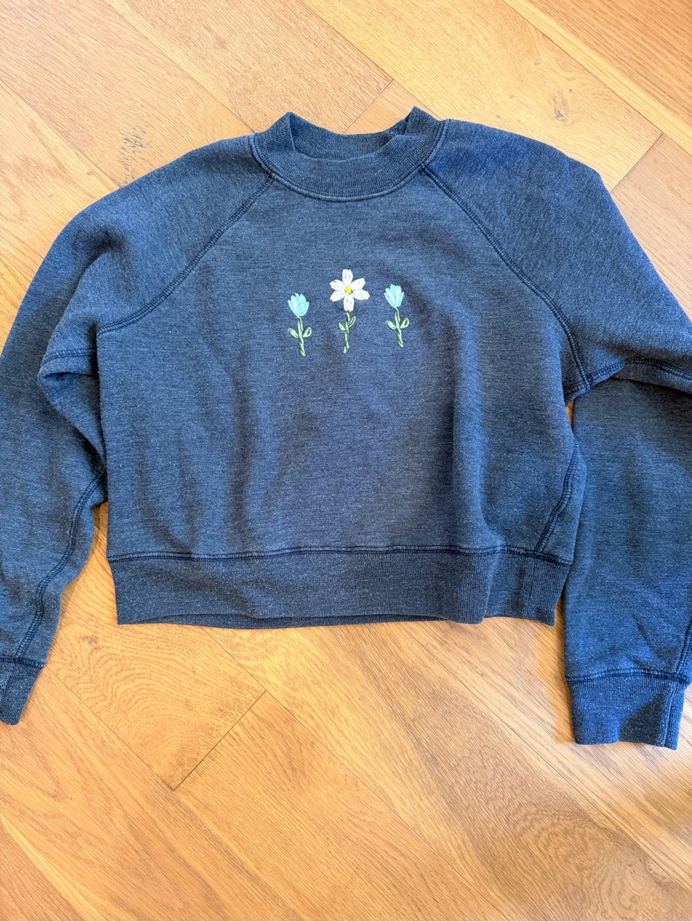 Re/Done Women's Blue Floral Embroidered Cropped Sweatshirt